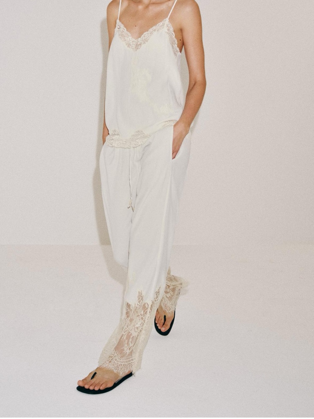 ZW COLLECTION LACE PAJAMA PANTS 
Zara Cream Lace-Trim Wide Leg Pants - Picture 5 of 15